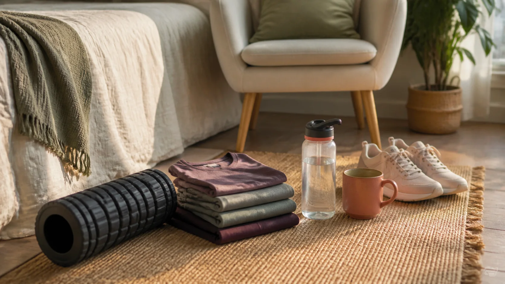 Ropa deportiva, botella de agua y rodillo de espuma en una habitación tranquila