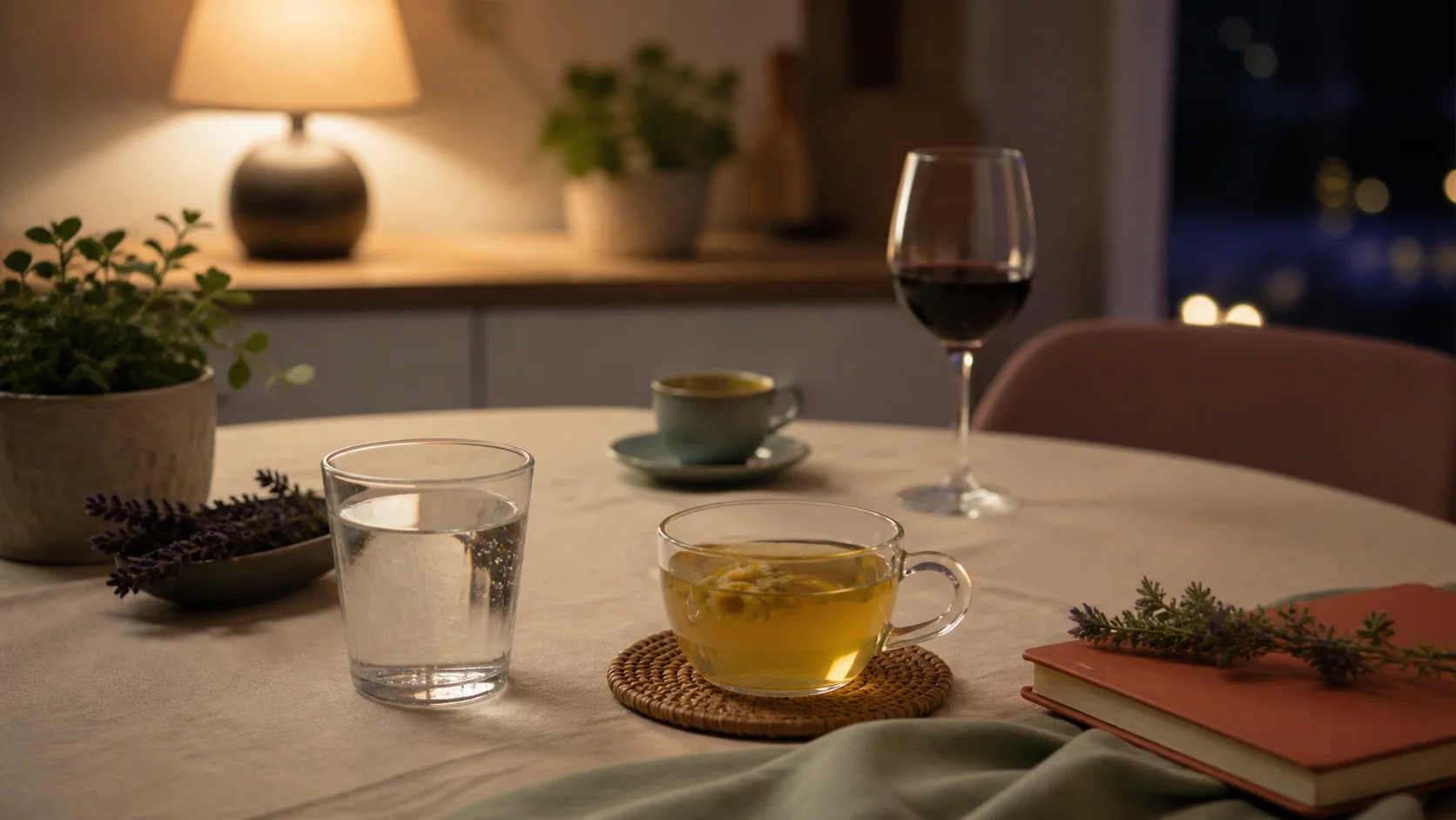 Taza de café, copa de vino, vaso de agua e infusión sobre una mesa al anochecer