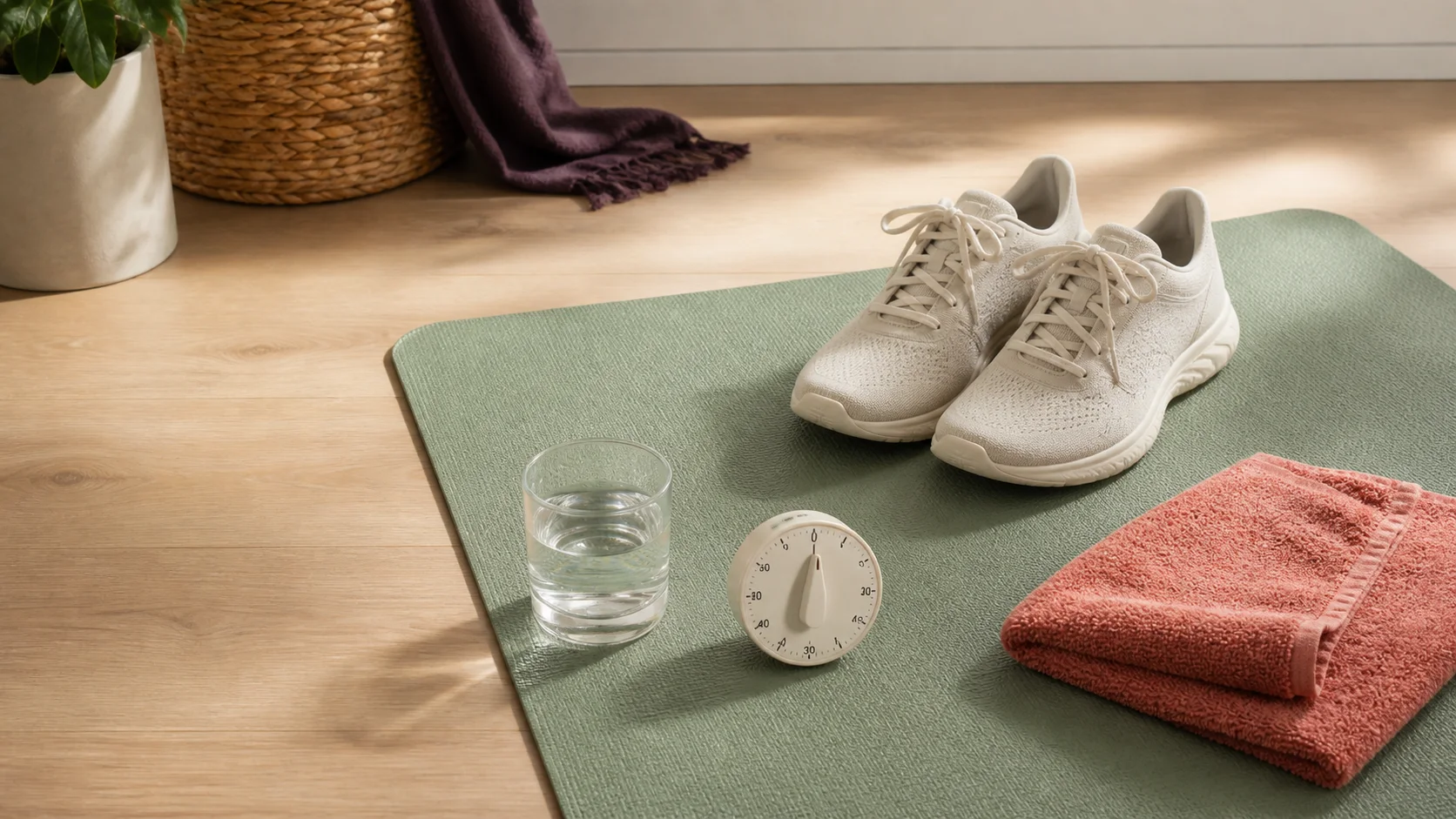 Esterilla, zapatillas y temporizador preparados para un calentamiento sencillo