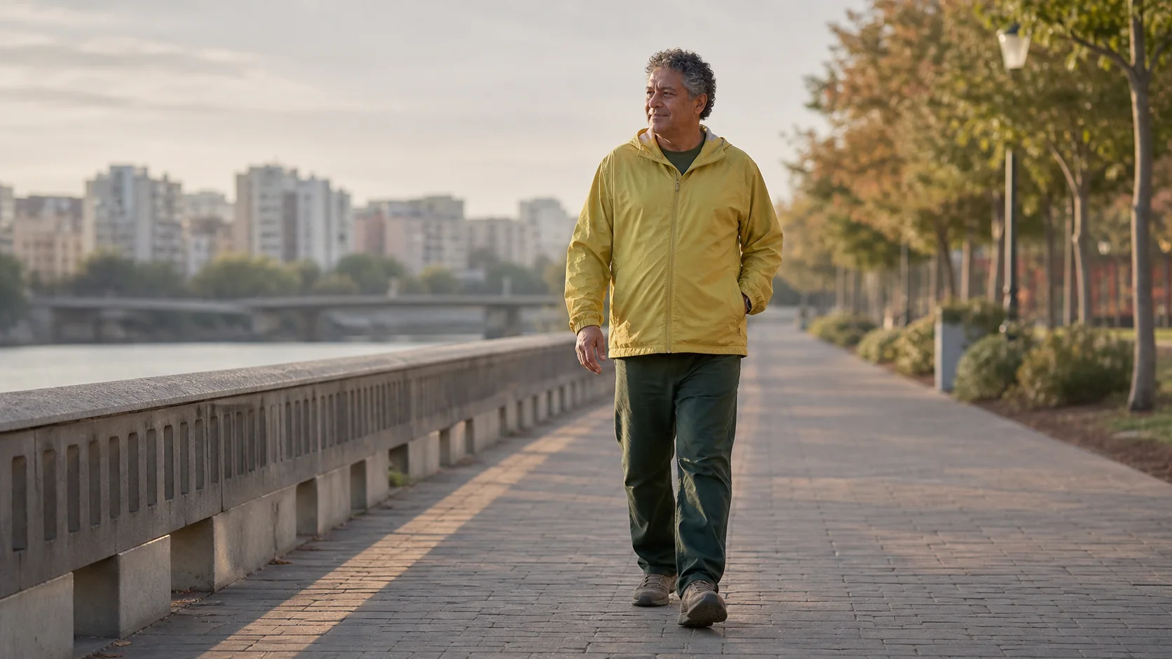 Hombre de unos sesenta años caminando junto a un río en una ciudad