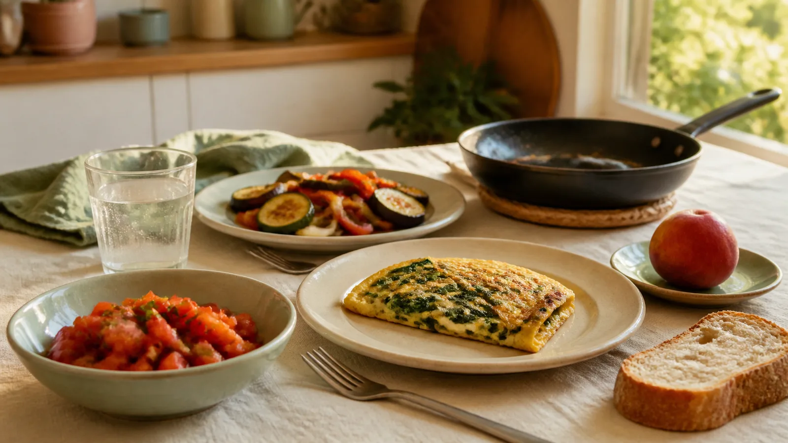 Mesa con una cena sencilla de verduras, tortilla, pan y fruta preparada en casa