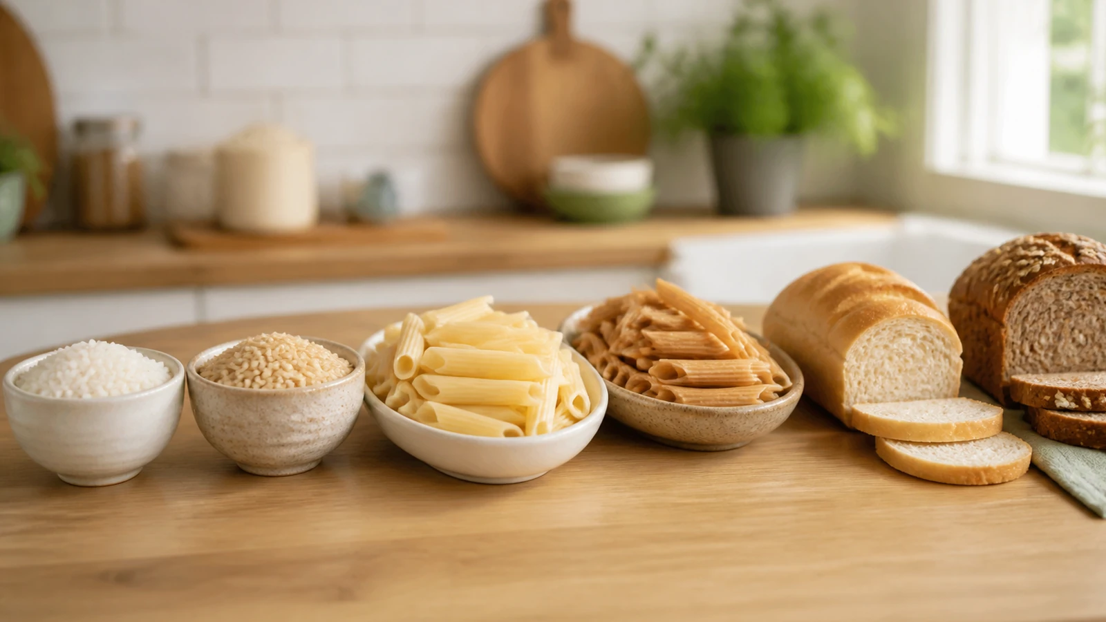 Pan integral, avena, arroz integral y pasta integral en una cocina doméstica