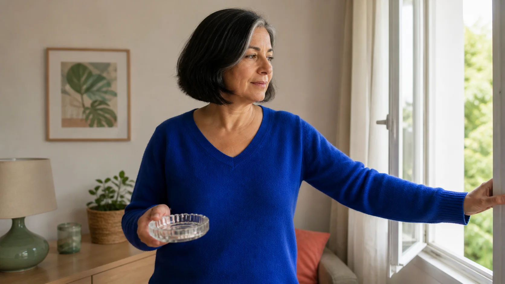 Mujer adulta retirando un cenicero y abriendo la ventana de casa