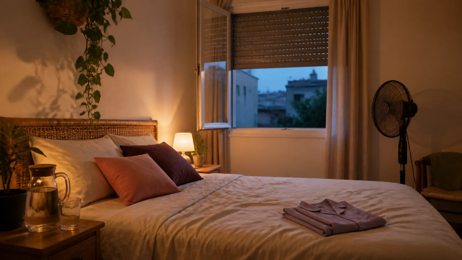 Dormitorio preparado para una noche de calor con persianas, ventilador y ropa de cama ligera