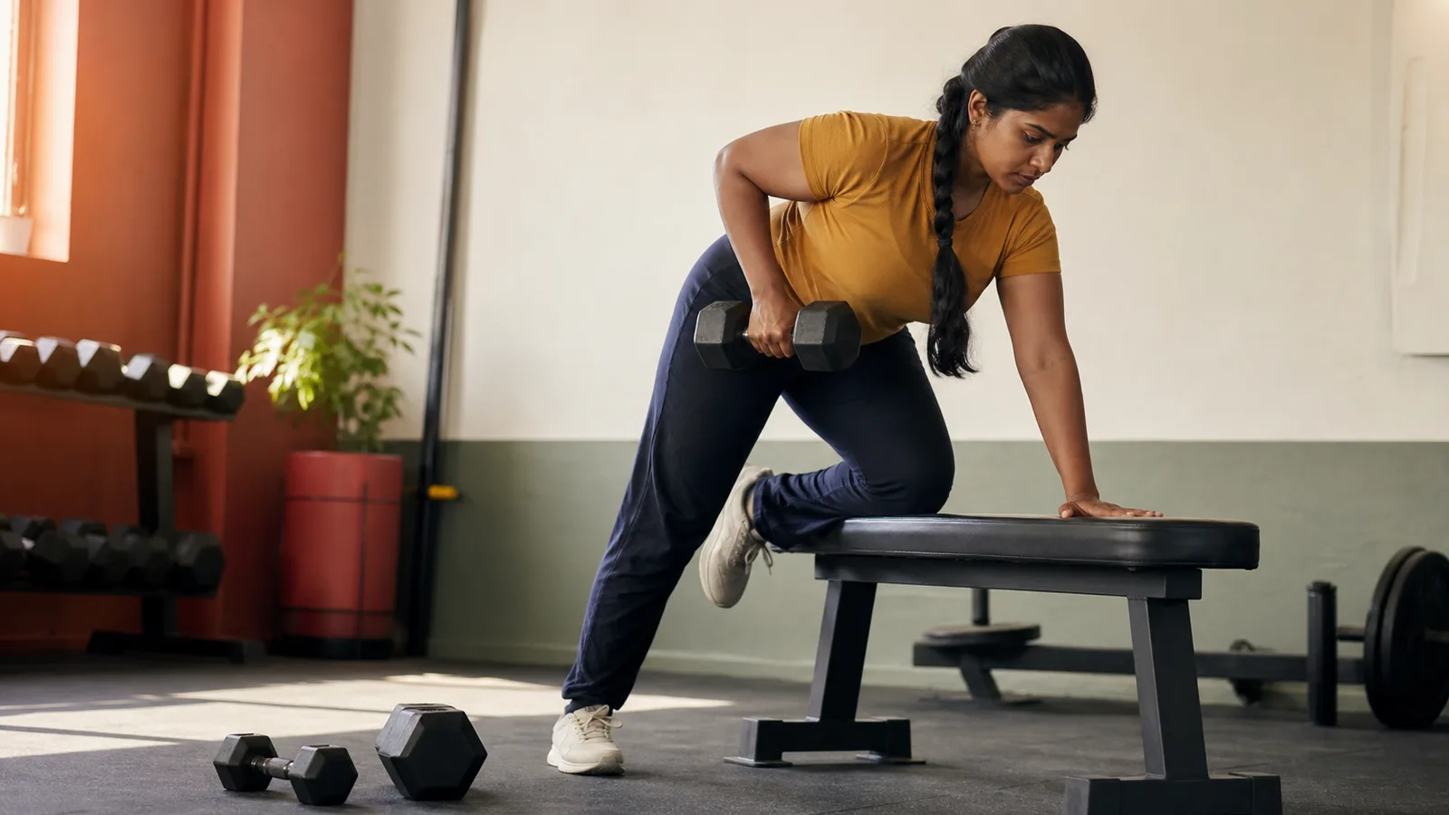 Mujer adulta probando una mancuerna moderada con una postura estable en un gimnasio tranquilo