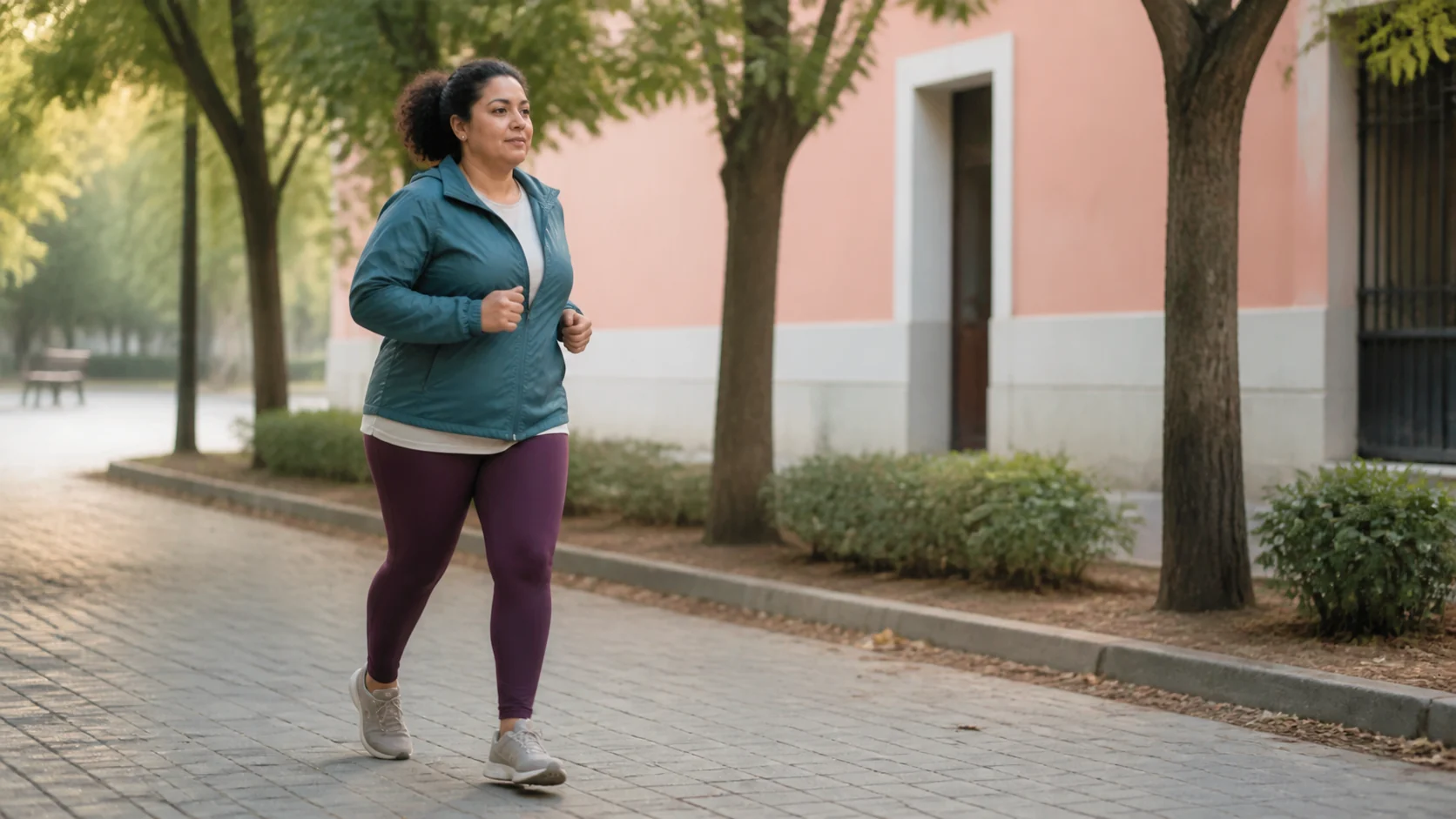 Mujer adulta alternando carrera suave y caminata en un paseo urbano