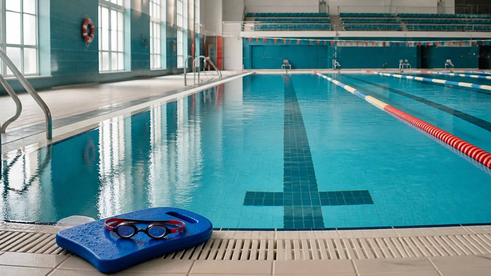 Calle tranquila de una piscina cubierta con tabla y gafas en el borde