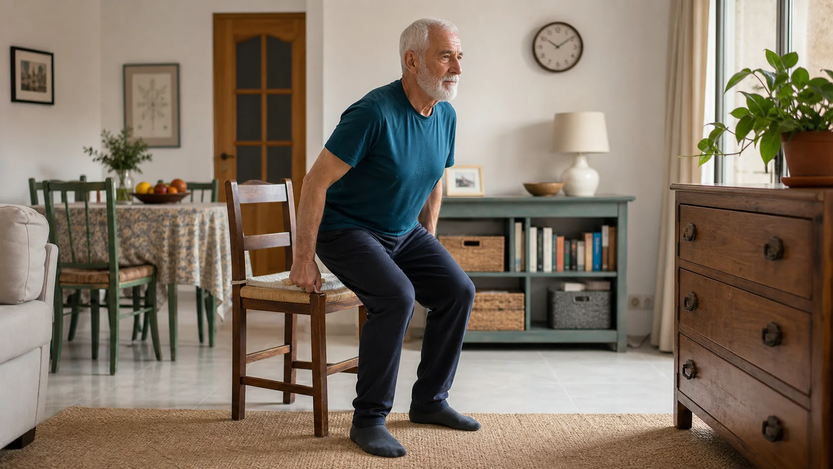 Hombre mayor haciendo una rutina breve junto a una silla en casa