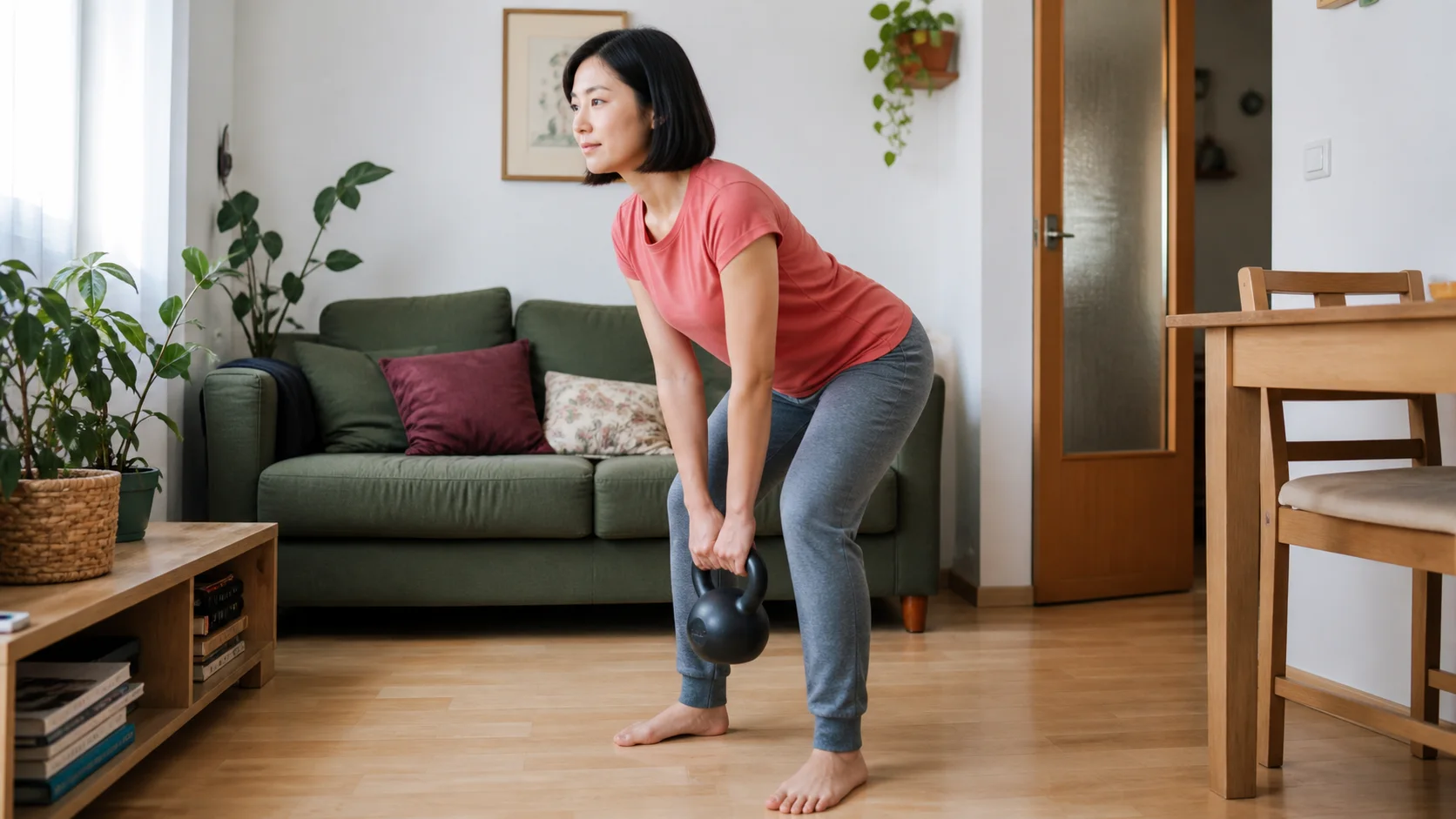 Mujer adulta haciendo un ejercicio de fuerza con una pesa en el salón de casa