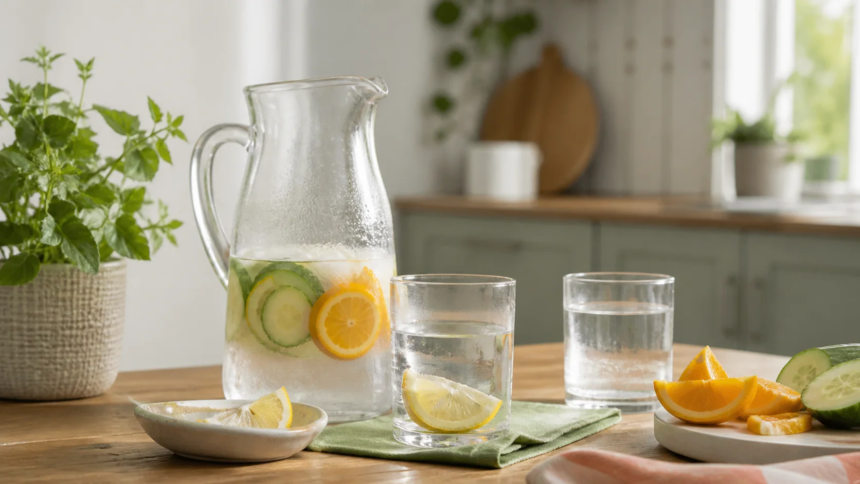 Jarra y vaso de agua junto a fruta fresca sobre una mesa