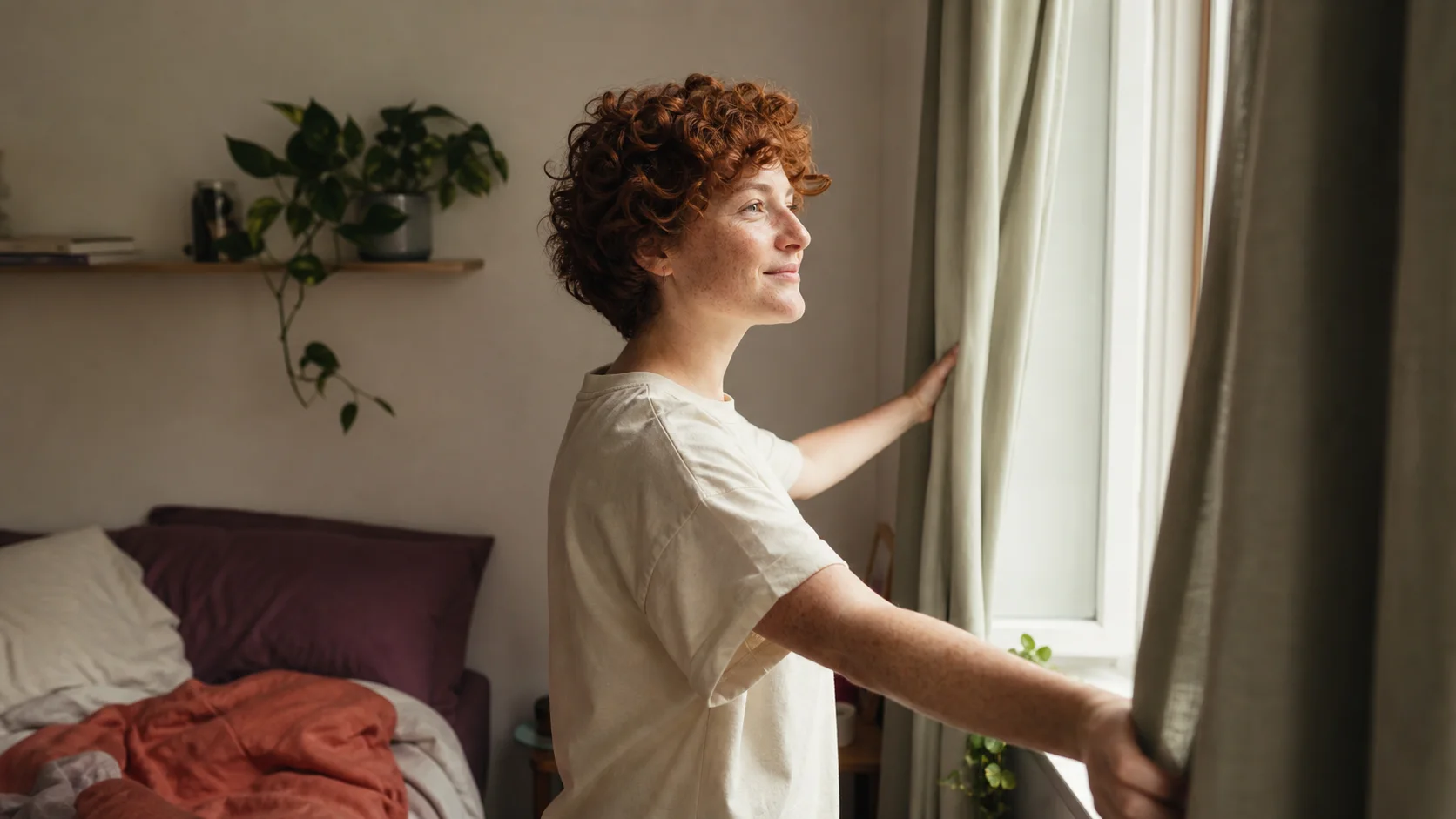Mujer abriendo las cortinas del dormitorio a la misma hora de la mañana
