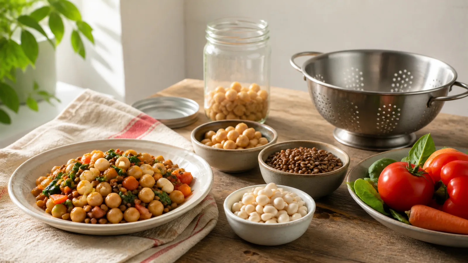 Garbanzos, lentejas y alubias cocidas preparadas para distintas comidas sencillas