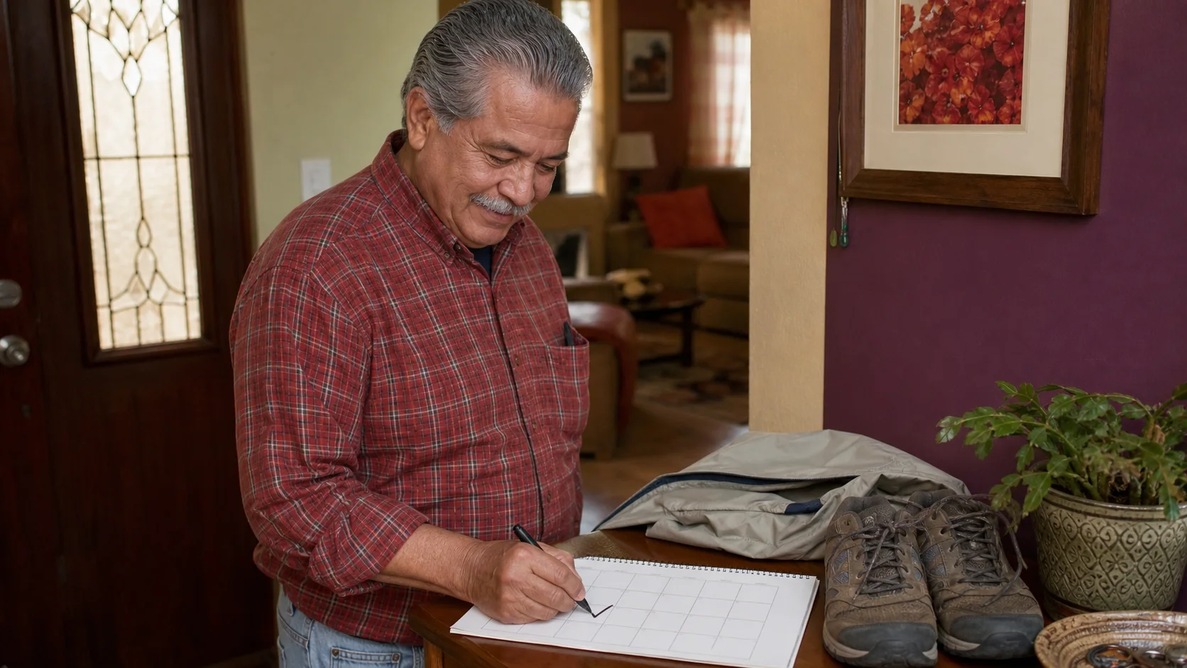 Hombre mayor marcando en un calendario de papel un paseo completado