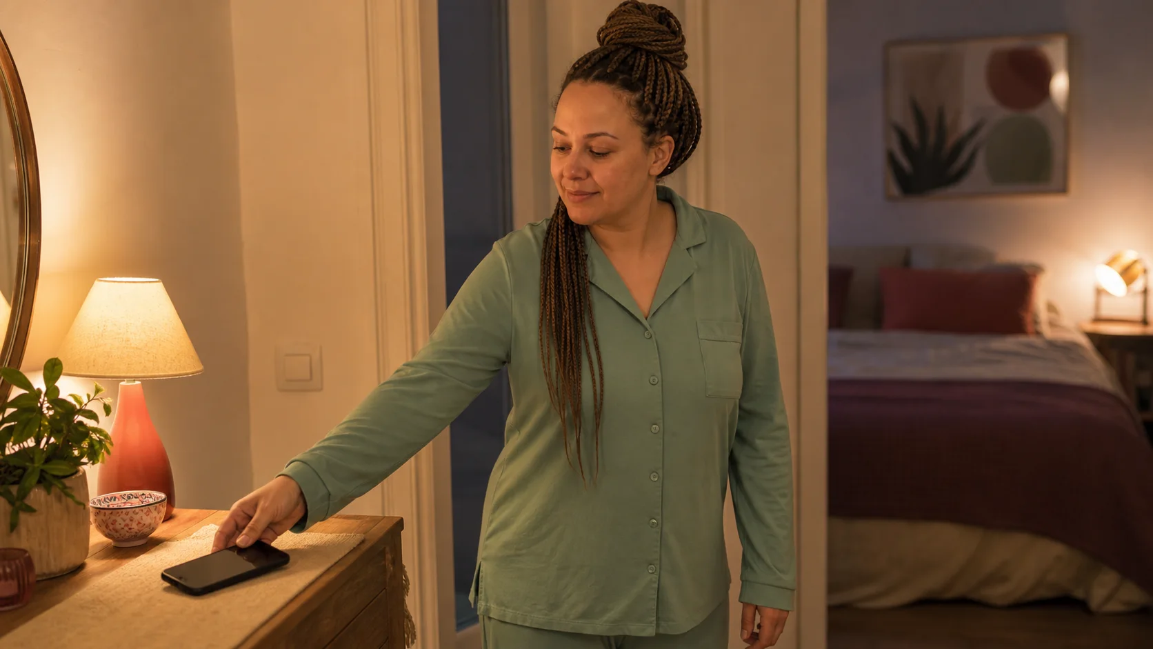 Mujer dejando el teléfono boca abajo fuera del dormitorio antes de acostarse