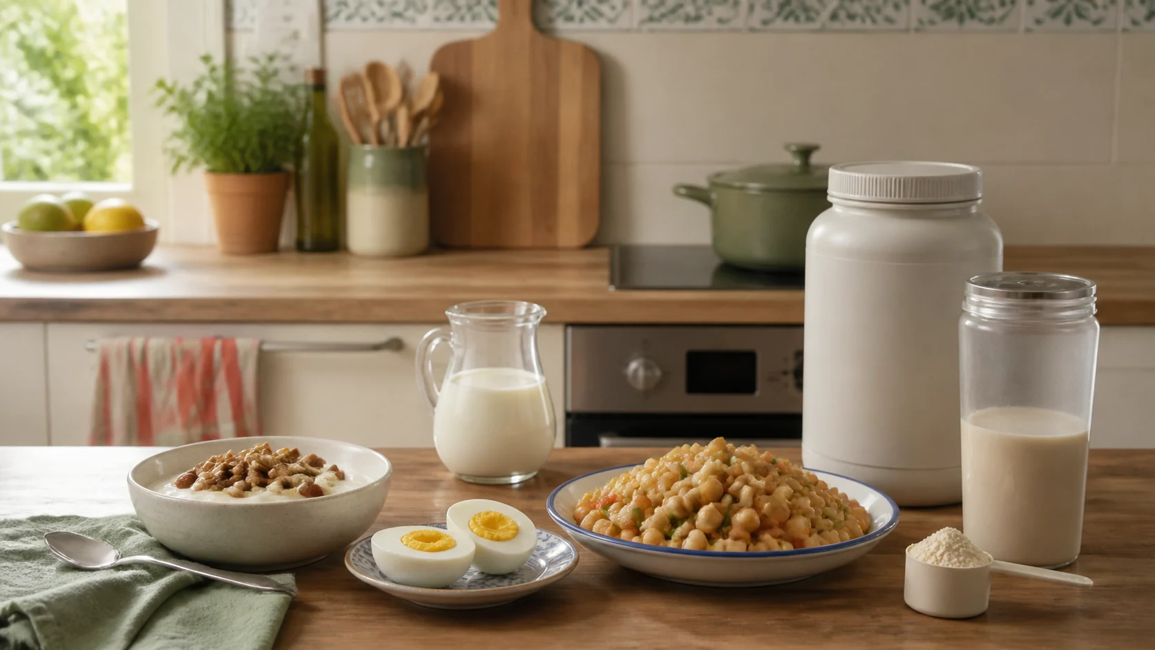 Cuenco con yogur, legumbres, huevos y un vaso mezclador sin marca en una cocina