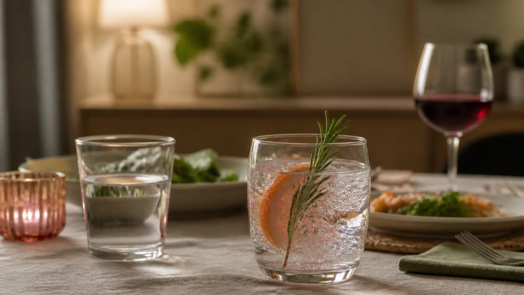 Vaso de agua con gas y cítricos junto a una copa apartada en una mesa