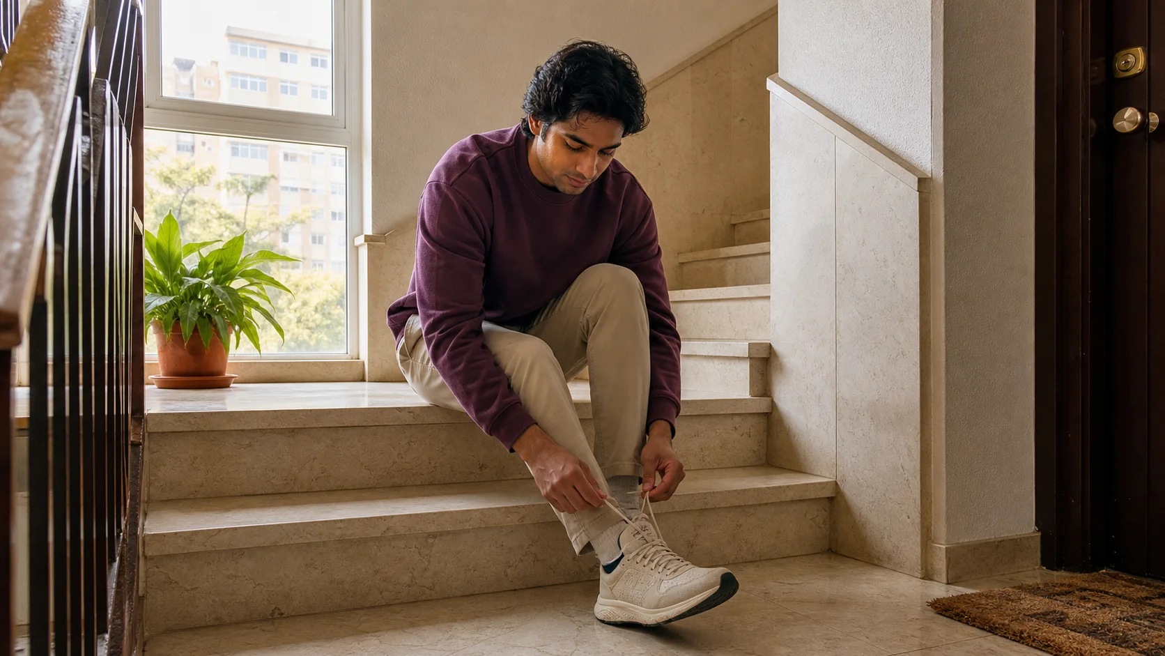 Hombre joven atándose las zapatillas antes de volver a hacer ejercicio