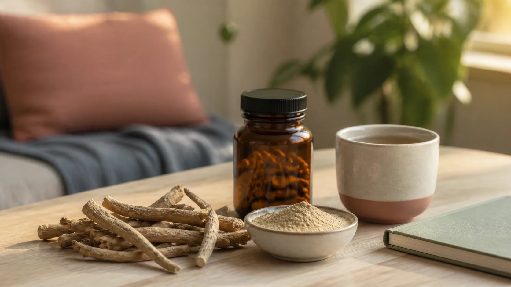 Raíz seca de ashwagandha junto a un frasco genérico y una taza de infusión