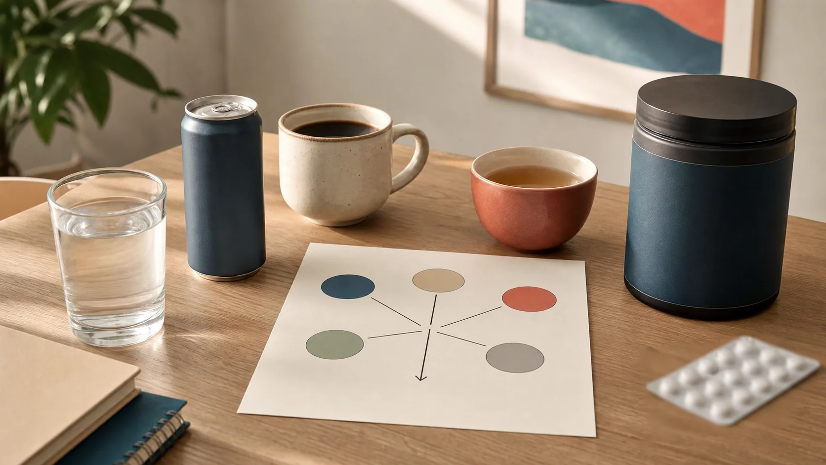 Lata genérica de bebida energética junto a café, té y una nota para sumar cafeína