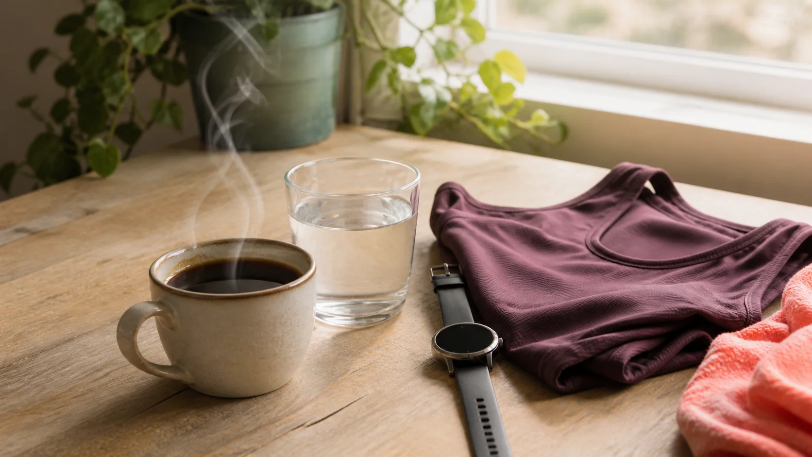 Taza de café junto a un vaso de agua, una toalla y ropa preparada para entrenar