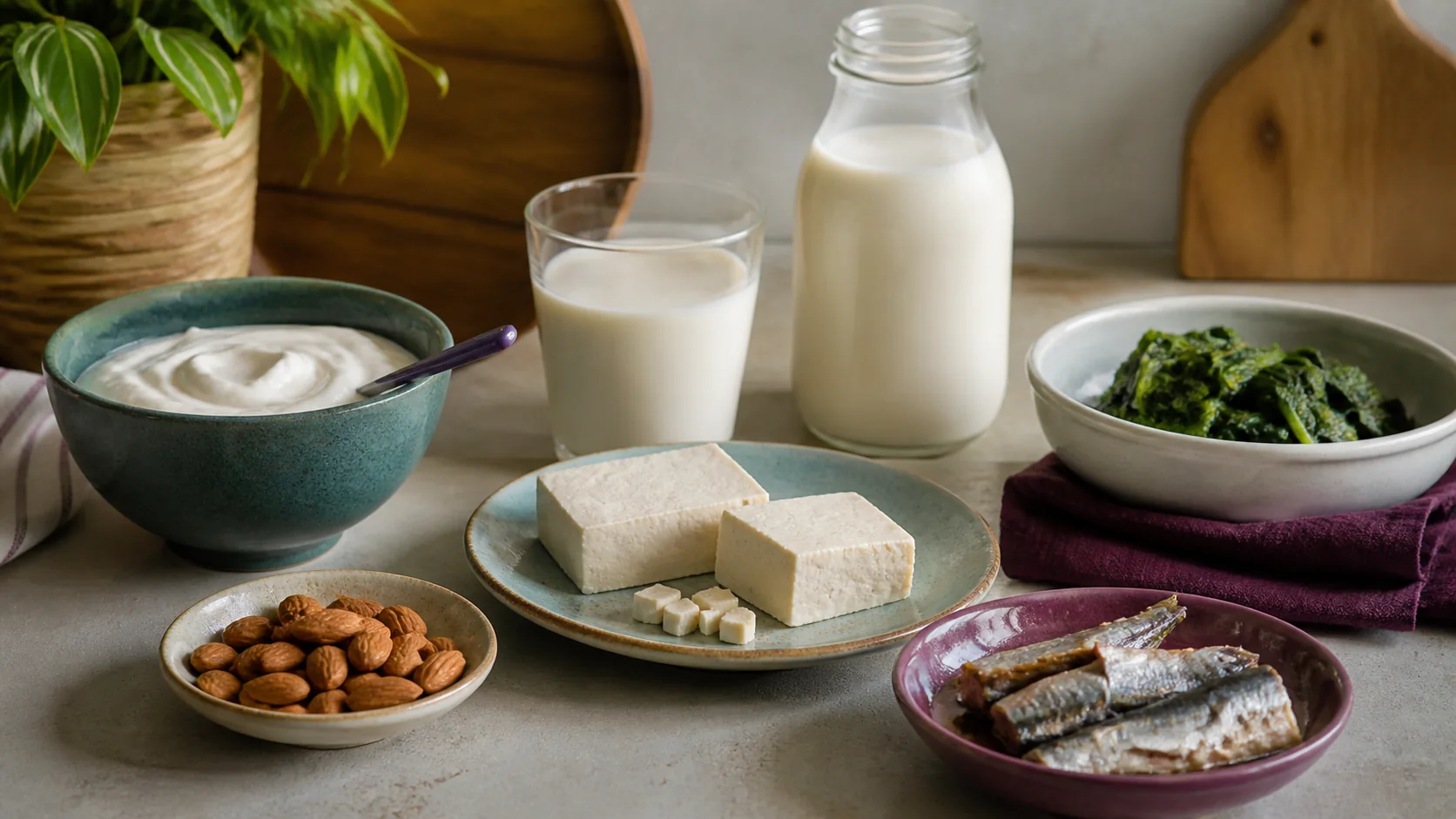 Mesa con yogur, bebida vegetal enriquecida, tofu, almendras y sardinas en porciones normales