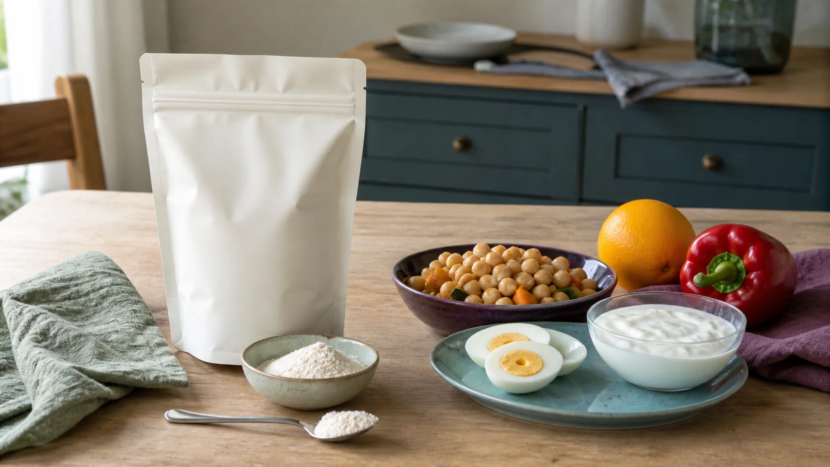 Bolsa genérica cerrada, cuchara con polvo y alimentos con proteína sobre una mesa de cocina