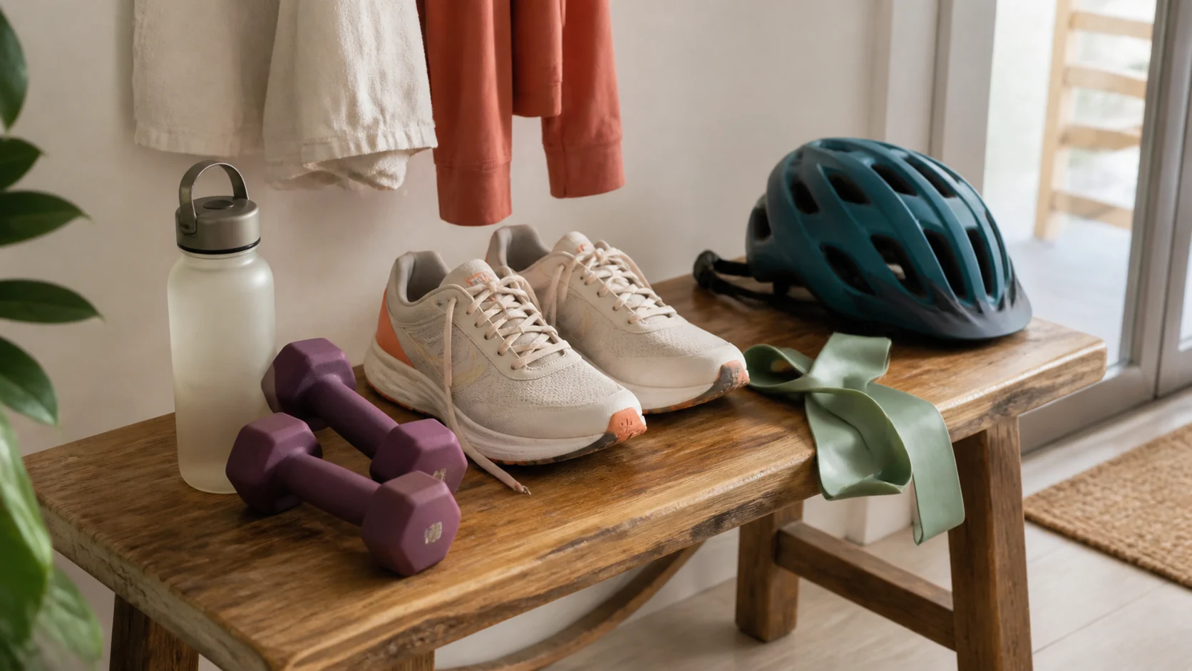 Mancuernas, zapatillas y casco de bicicleta preparados junto a una agenda