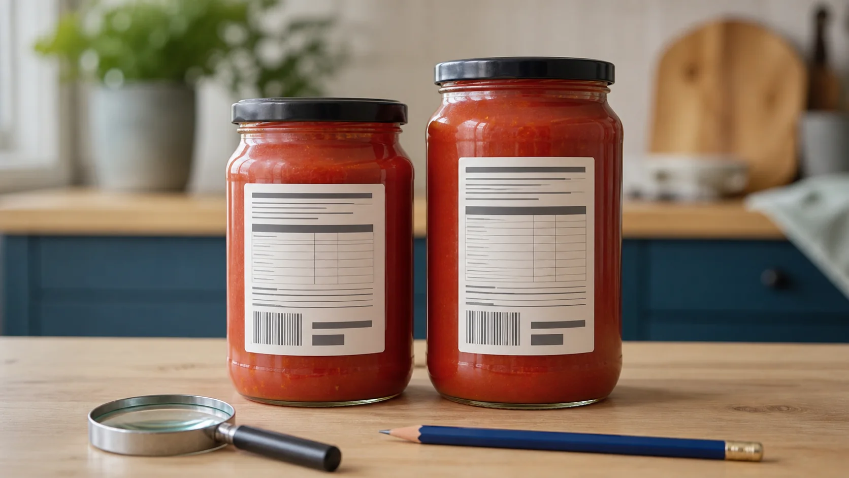 Dos envases genéricos colocados de lado para comparar sus listas y tablas nutricionales