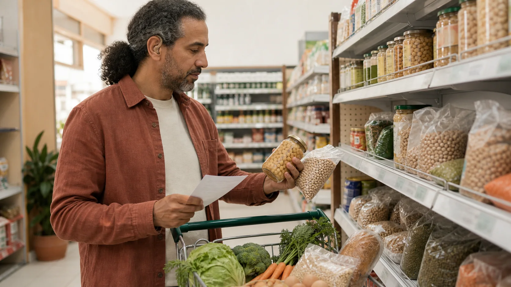 Hombre comparando dos alimentos básicos con una lista de compra en un supermercado