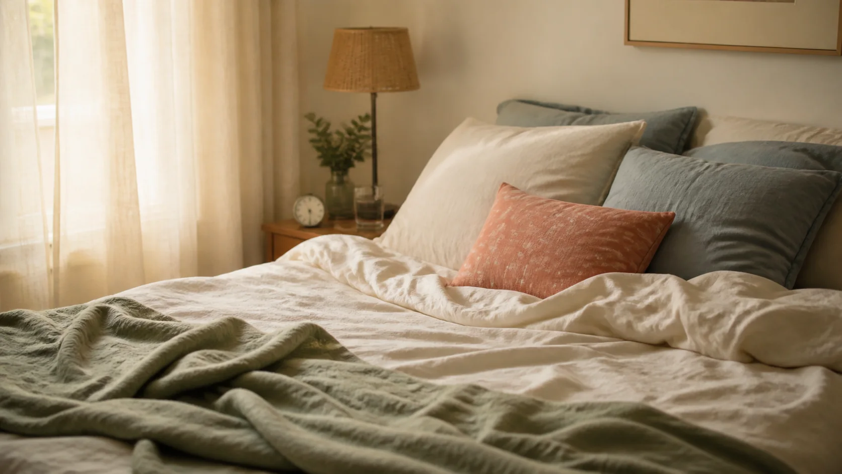 Dormitorio tranquilo con una cama deshecha y un reloj sin hora legible