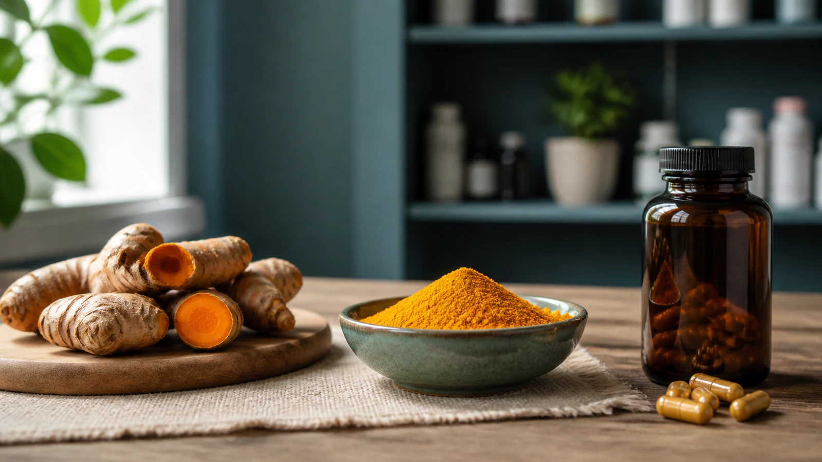 Raíz de cúrcuma, cuenco con especia molida y cápsulas sin marca