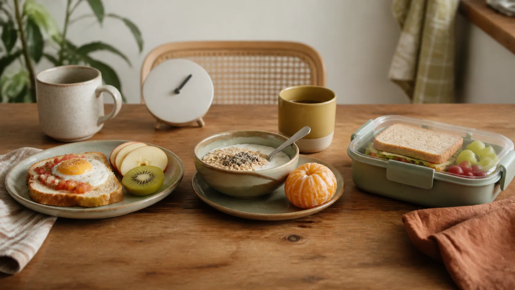 Mesa de mañana con dos opciones sencillas de primera comida y un reloj sin números
