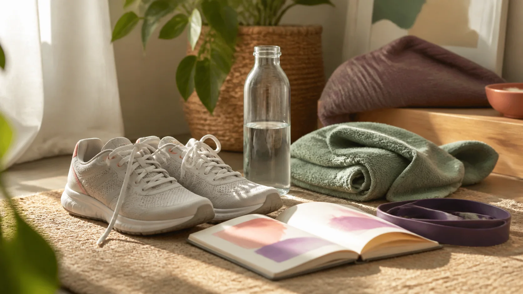 Zapatillas de deporte junto a una botella de agua y un cuaderno en una habitación tranquila