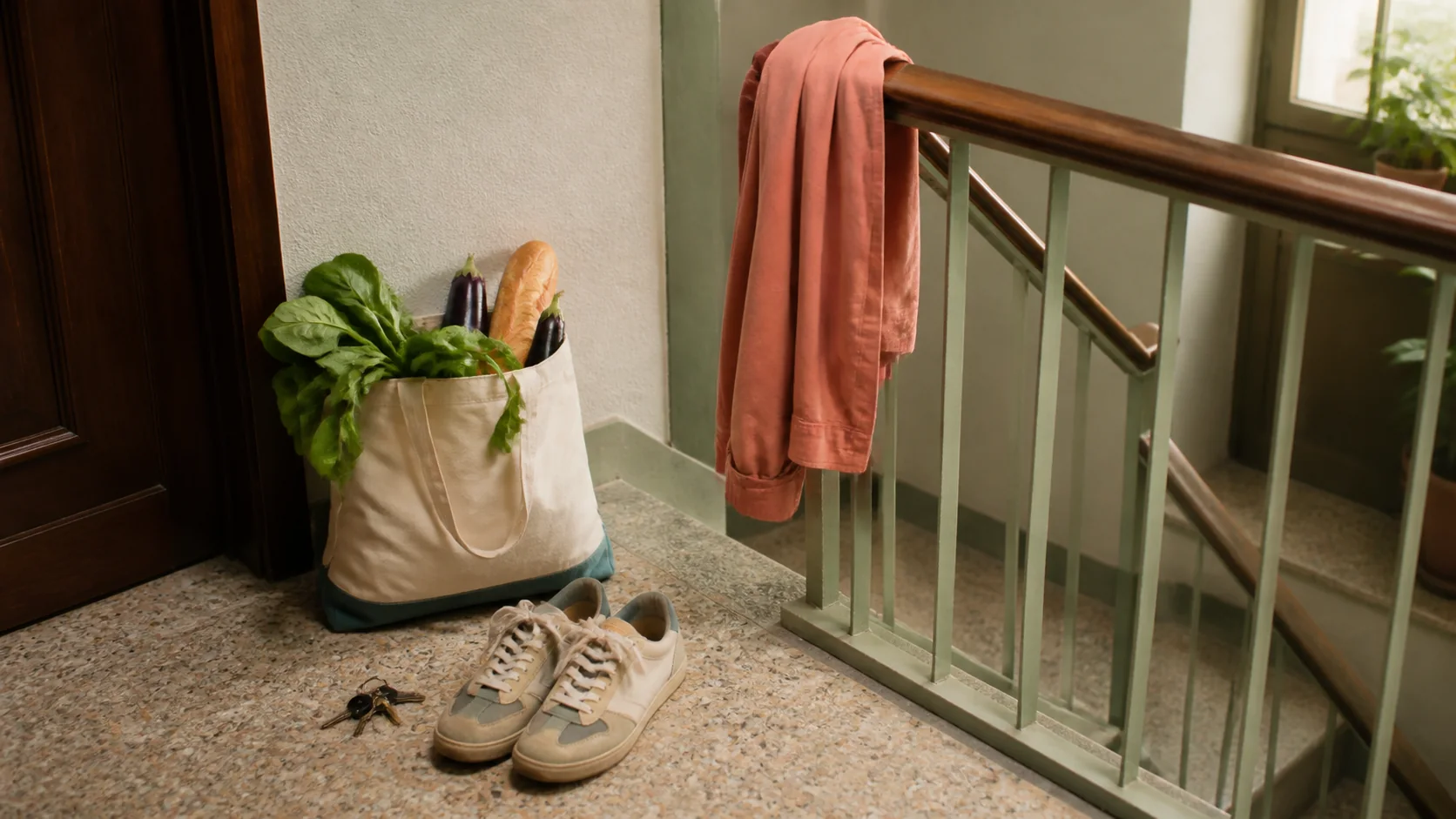 Zapatillas de uso diario junto a una bolsa de compra y unas escaleras