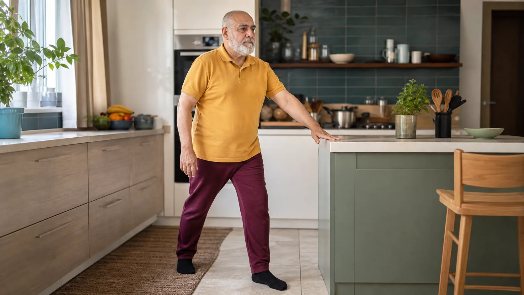 Hombre mayor practicando una posición de equilibrio junto a una encimera estable