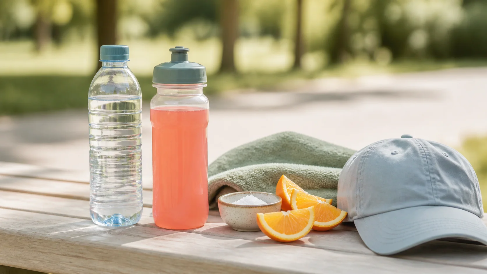 Botella de agua y bebida deportiva genérica junto a una toalla y rodajas de naranja