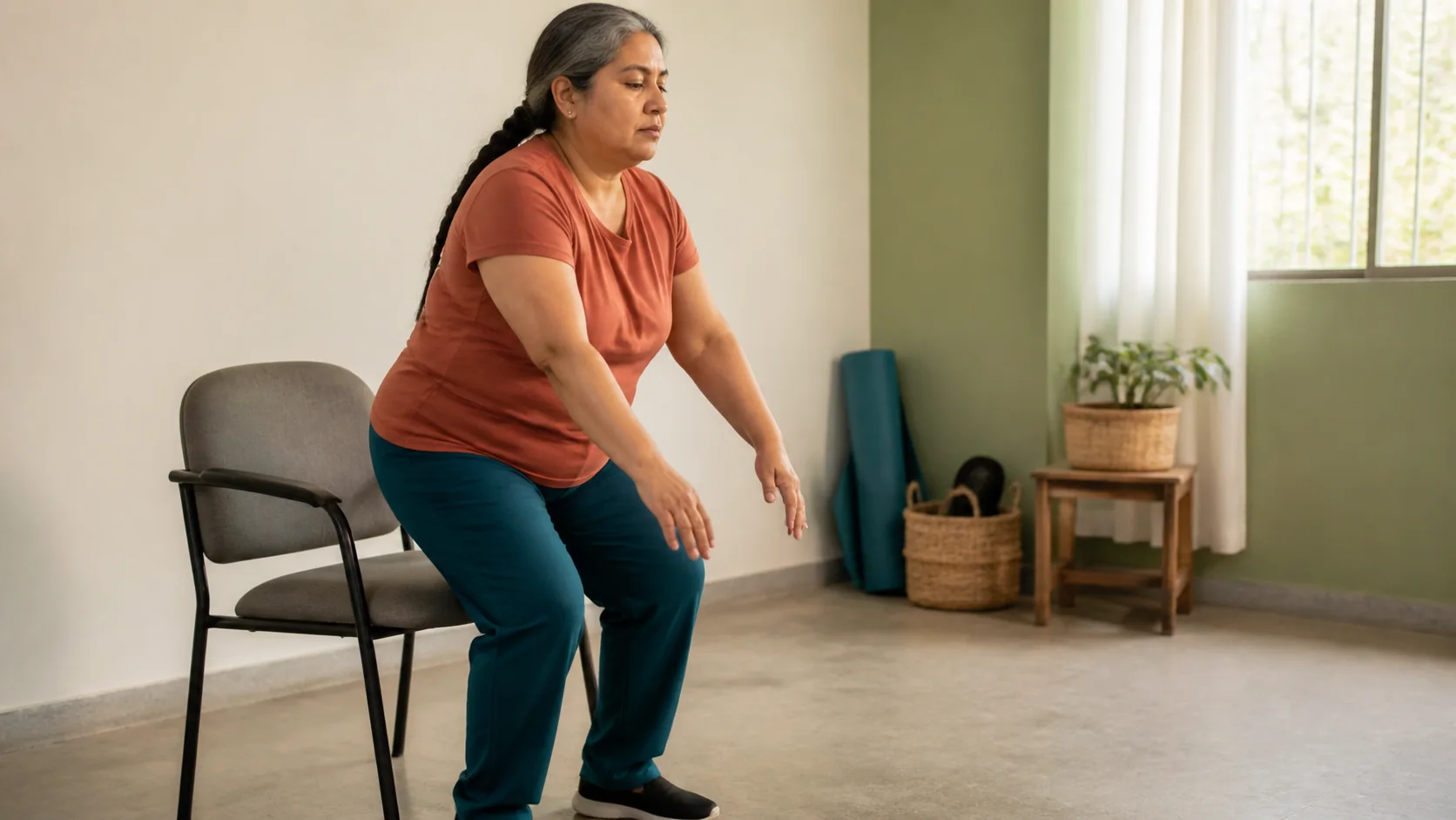 Mujer de mediana edad practicando cómo levantarse de una silla en una sala luminosa