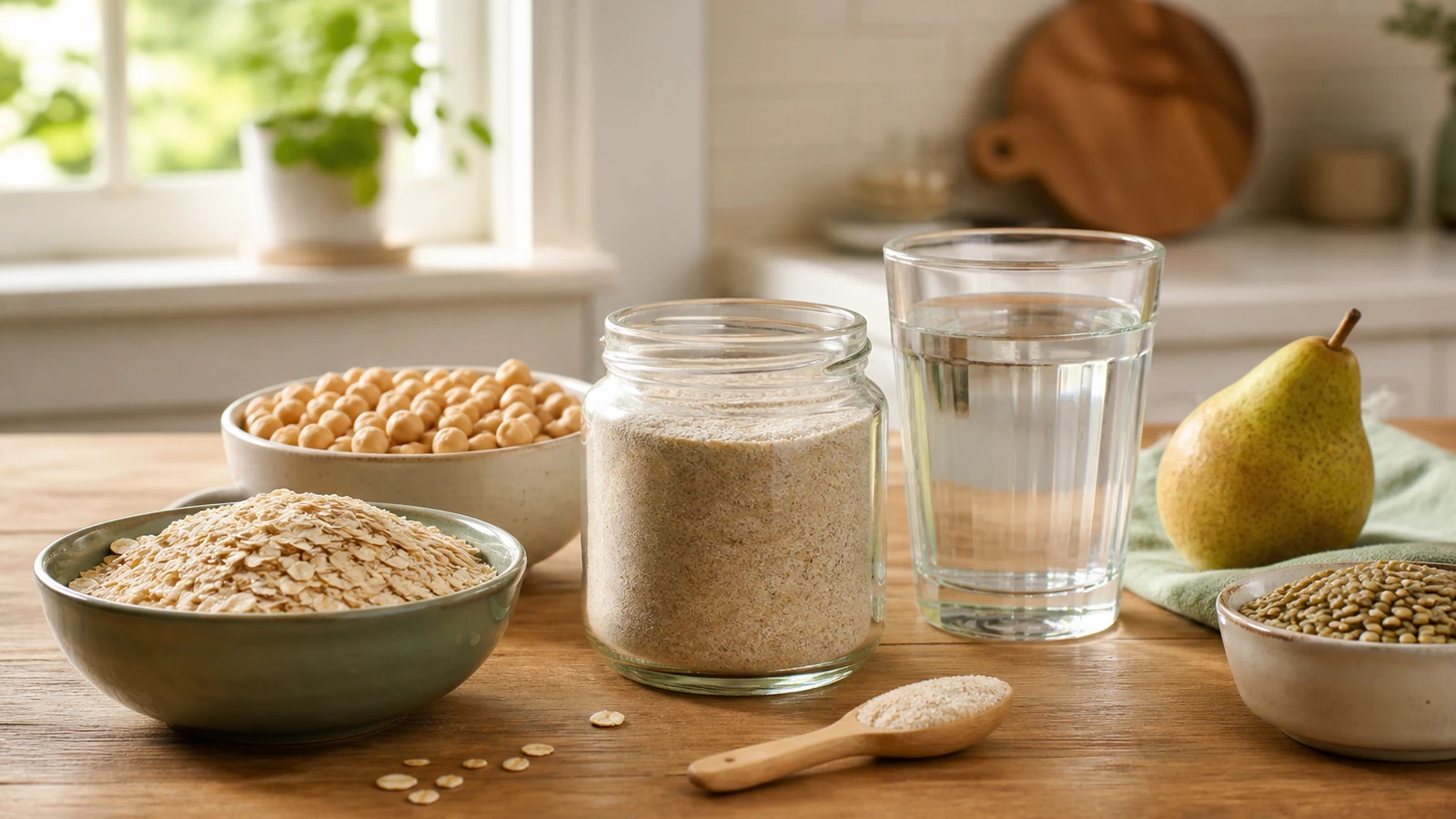 Vaso de agua, cuchara de fibra soluble y alimentos vegetales sobre una mesa