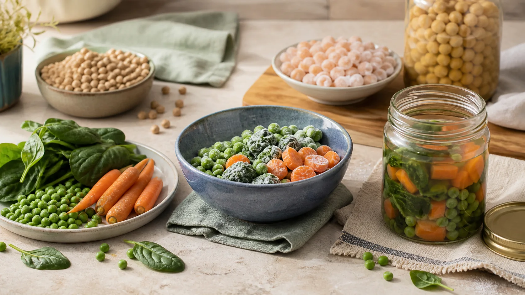 La misma variedad de verduras presentada fresca, congelada y en conserva sobre una mesa