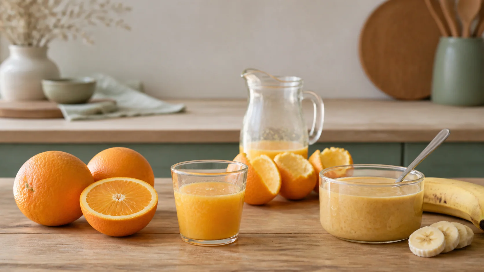 Naranjas enteras, un vaso pequeño de zumo y un batido espeso colocados juntos