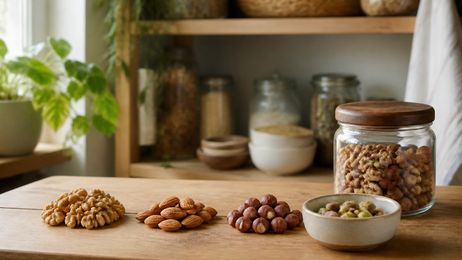 Tarros herméticos con nueces, almendras y avellanas en una despensa doméstica