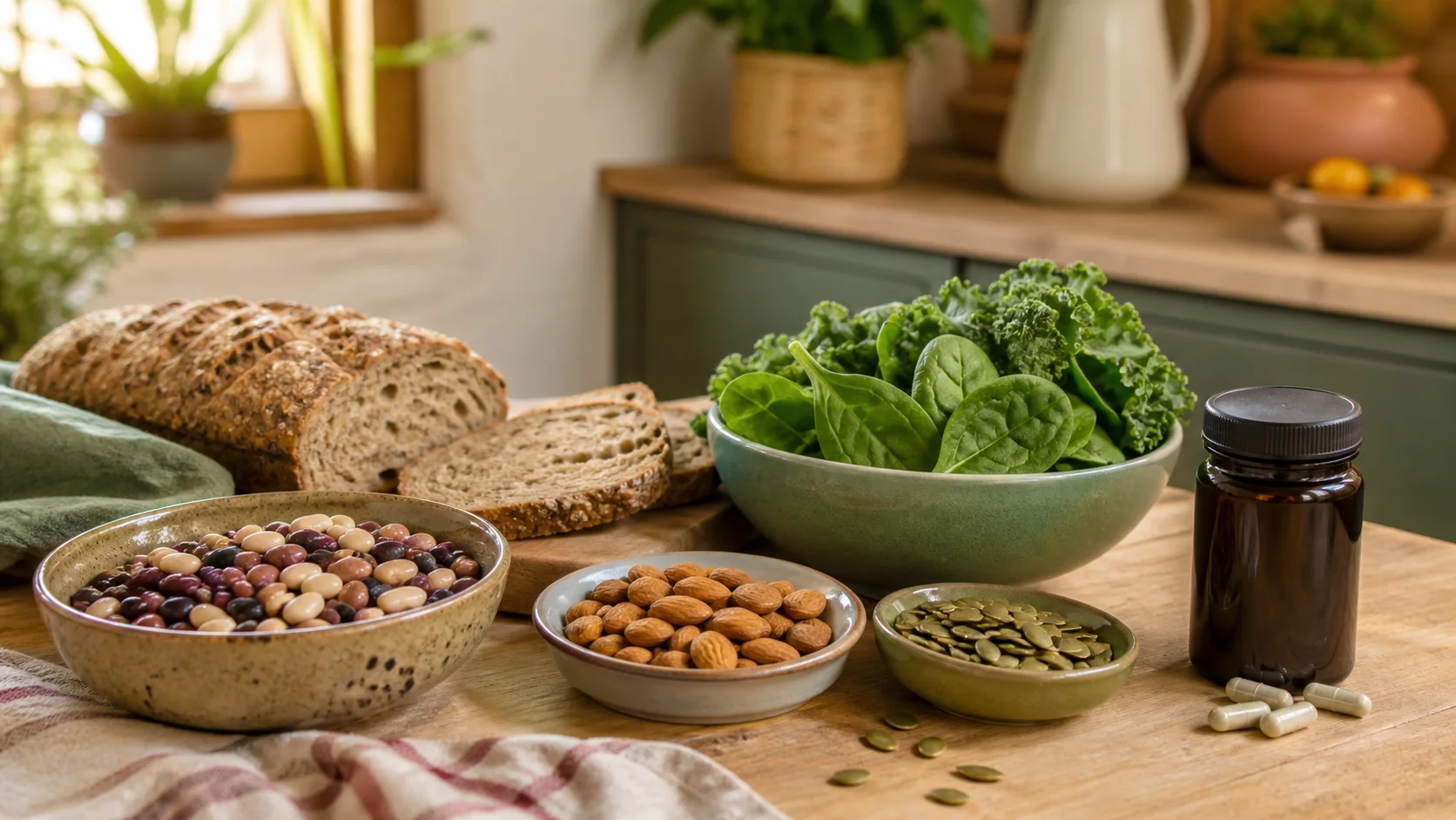 Legumbres, almendras, semillas y verduras de hoja verde junto a un envase de magnesio sin marca