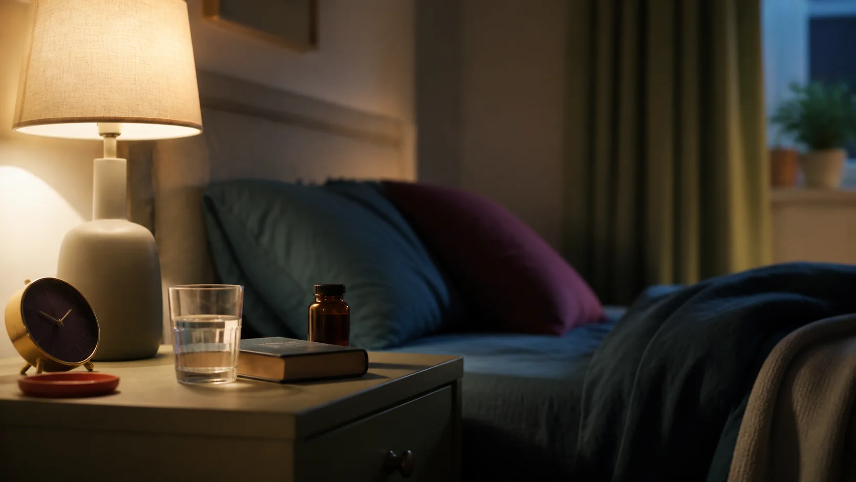 Mesilla de noche con lámpara tenue, vaso de agua y un pequeño frasco genérico cerrado