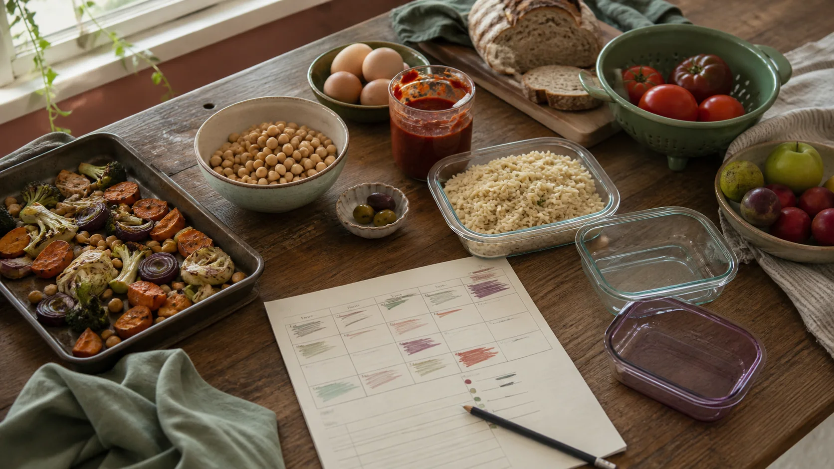 Mesa de cocina con alimentos sencillos, recipientes y un plan semanal sin texto legible