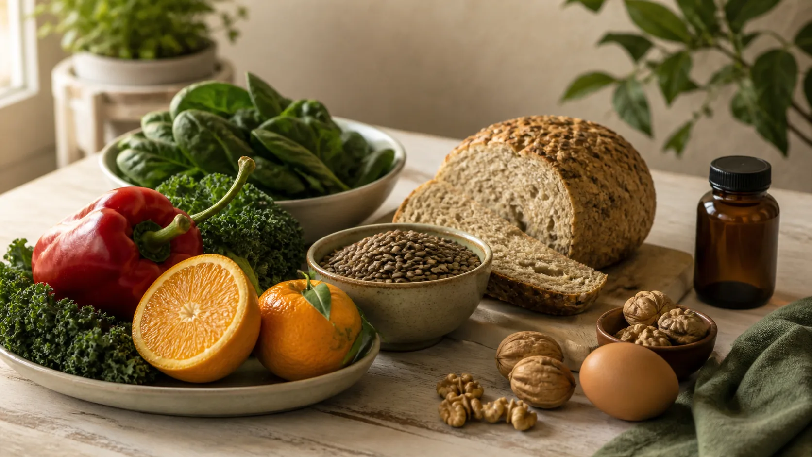 Frasco de multivitamínicos sin marca junto a frutas, verduras, legumbres y frutos secos