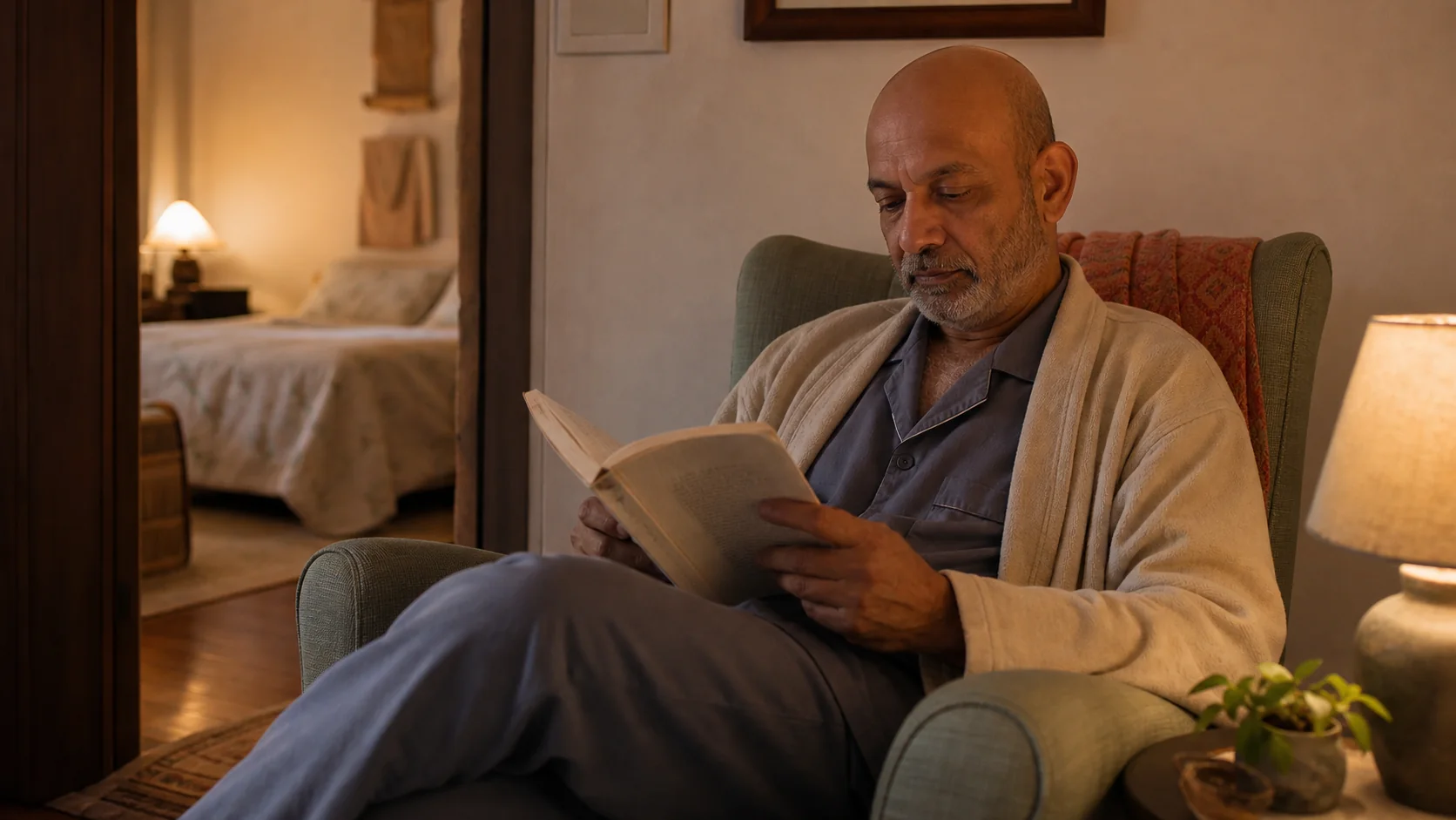 Hombre leyendo con luz tenue en un sillón fuera del dormitorio durante una noche de insomnio