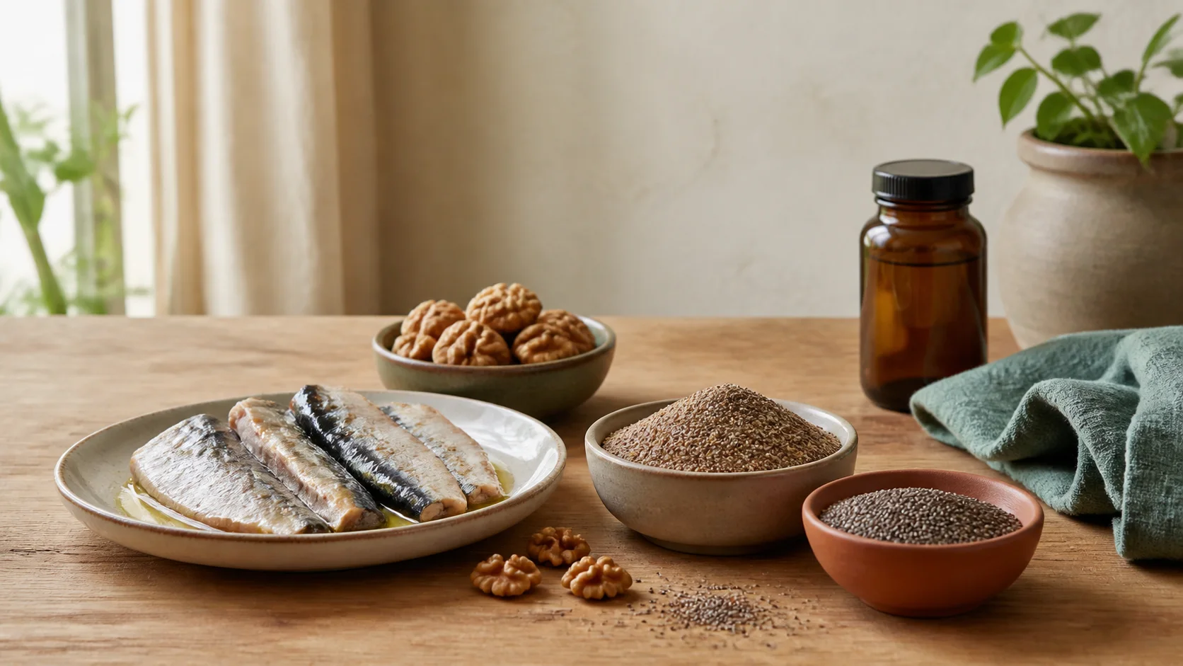 Sardinas, nueces, semillas de lino y un frasco de cápsulas sin marca sobre una mesa