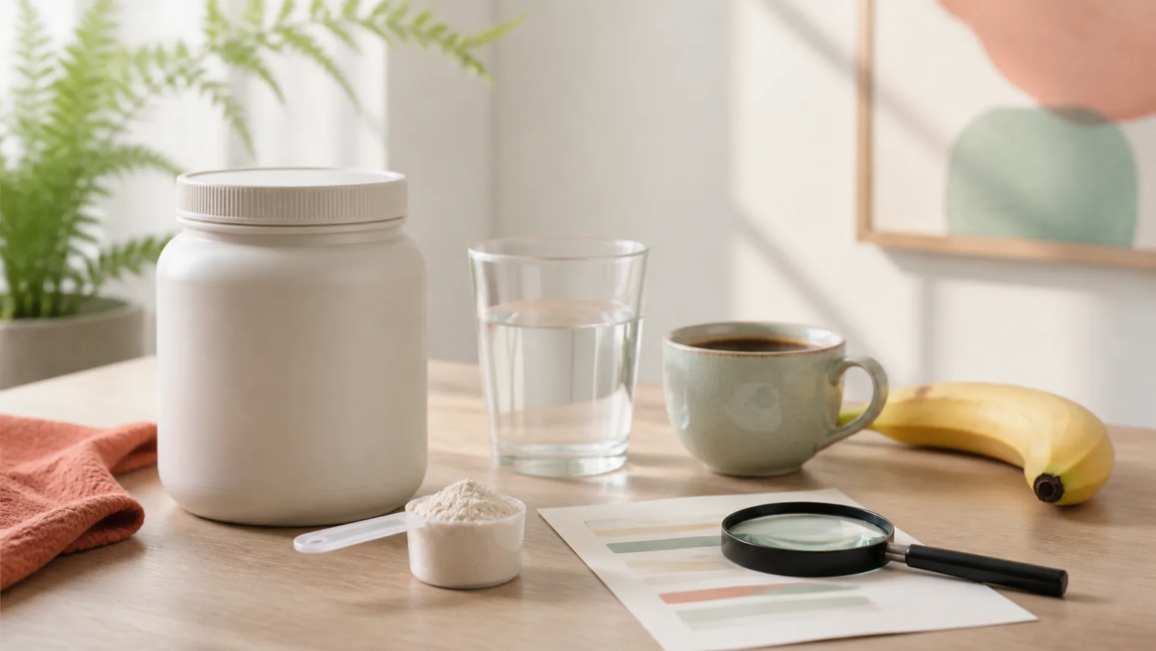 Envase deportivo genérico, una cuchara de polvo, café, agua y plátano sobre una mesa