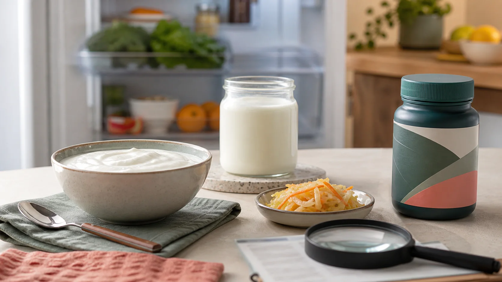 Yogur natural, alimentos fermentados y un envase genérico de probióticos sobre una mesa