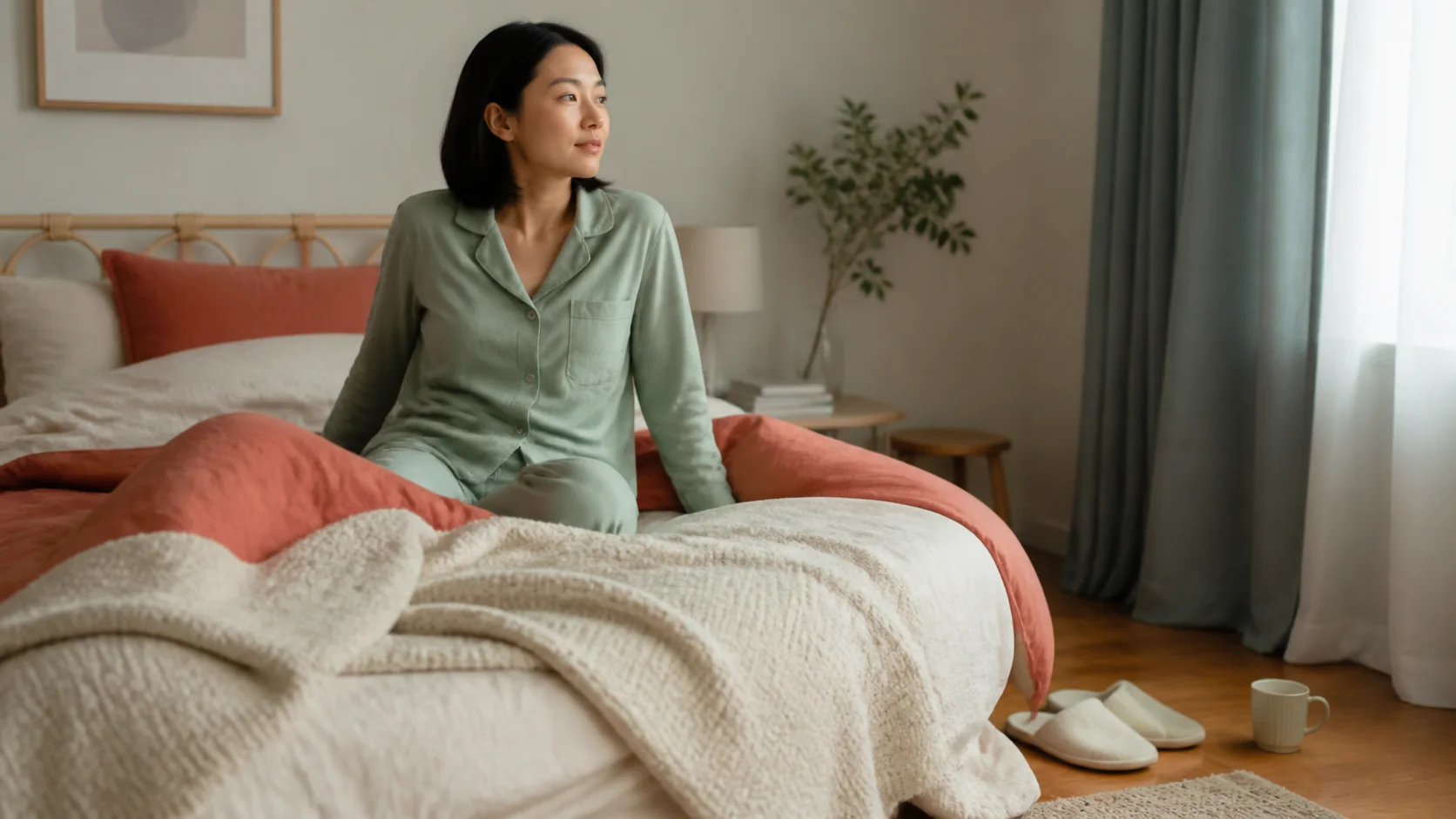 Mujer despertándose con luz natural en una mañana de fin de semana